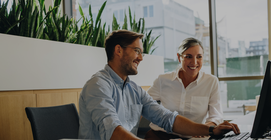 Male professional with manager working on computer