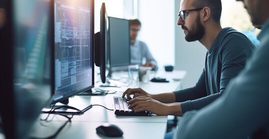 Man at computer, software developer working on coding script or cyber security in bright modern office