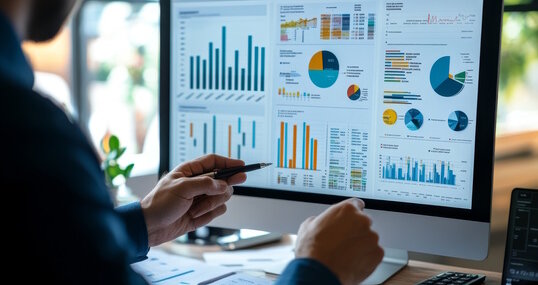 Business finance data analytics male worker analyzing graphs and charts on computer screen