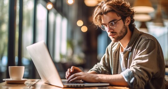 Young man working on laptop, boy freelancer or student with computer in cafe at table looking in camera. Model by AI generative